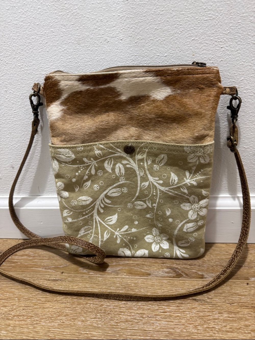 Myra Bag Brown & Cream Floral Canvas Cowhide Crossbody